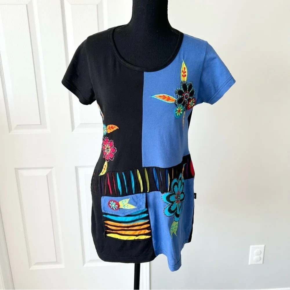 Leopards & Roses Embroidered Patchwork Asymmetrical Hem Tunics
